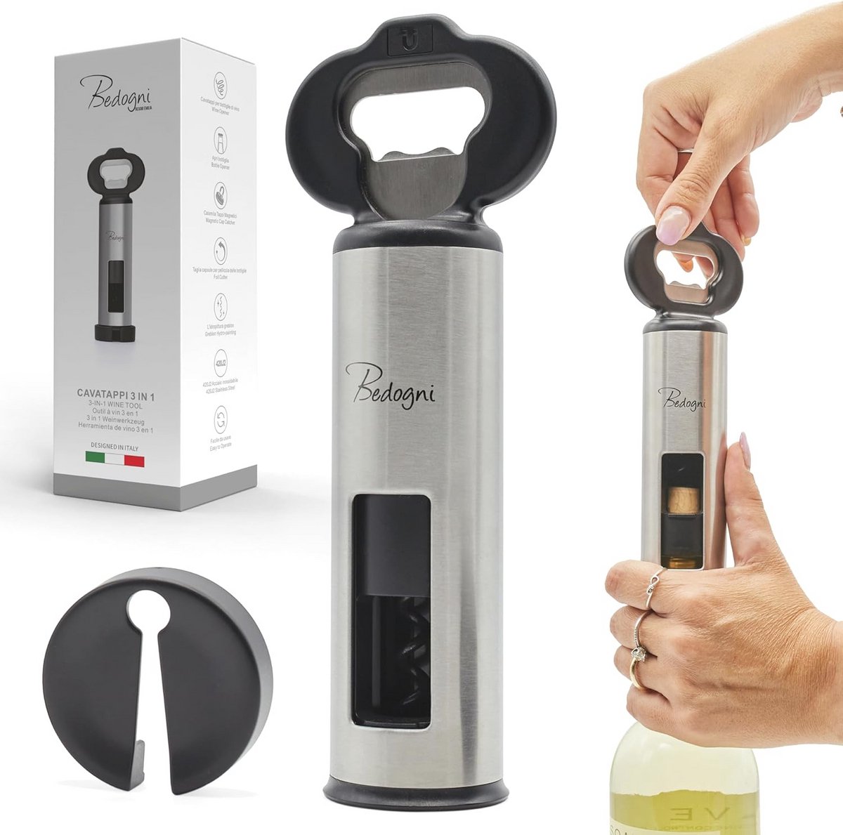 Kurkentrekker en Flesopener 3-in-1 met Capsulesnijder en Magnetische Flesopener