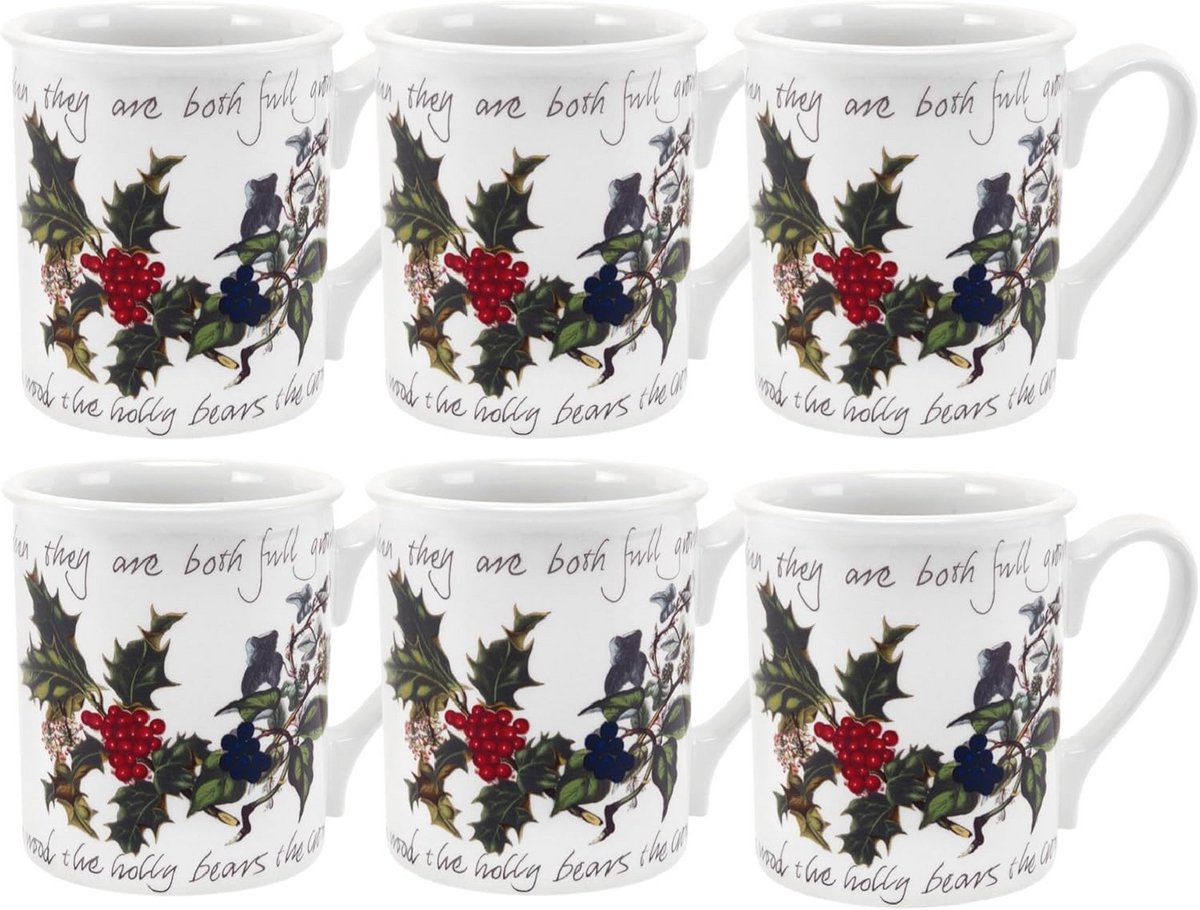 Enkel Kerst Ontbijtmok Set van 6 met Hulst Illustratie