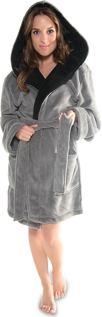 Coral-fleece badjas met capuchon, korte snit, opgestikte zakken, snel drogend, zacht en kreukvrij