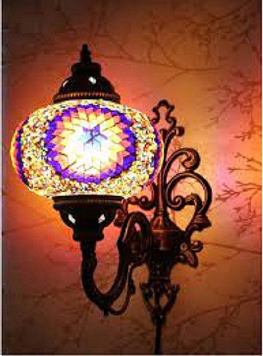 Oosterse Lamp - Wandlamp Mozaïek - Ø 19 cm - Hoogte 28 cm - Handgemaakt Multi Kleur