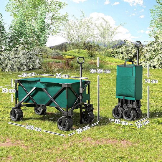 Opvouwbare Trolley – 100 Liter – 150 Kg Draagkracht – 4 Zwenkwielen – Verstelbare Handgreep – Incl. Bekerhouders – Voor Camping, Strand & Tuin