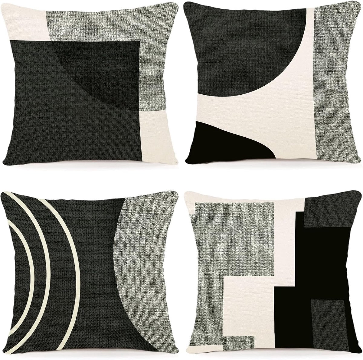 Famanu Outdoor kussenhoezen 40x40 cm set 4, linnen look geometrisch patroon, verborgen rits, sierkussens voor bank balkon A083
