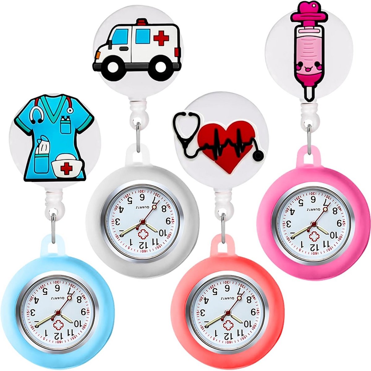Rekbaar Siliconen Zusterhorloge met Glow-Wijzers, Intrekbare Zakhorloge voor Verpleegkundigen en Studenten, 4 of 6 Stuks