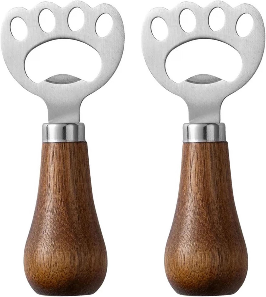 2 Stuks Bierflesopener met Houten Handvat, Roestvrij Staal