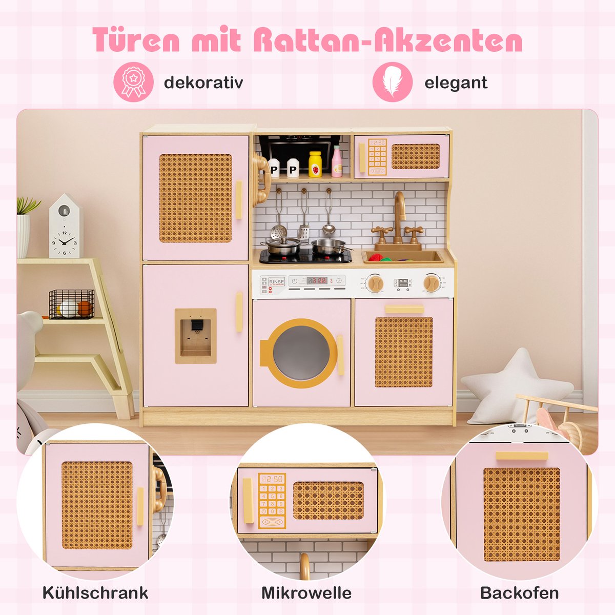COSTWAY Kinderkeuken, speelkeuken, houten keuken met rotandeuren, licht en geluid, koelkast, waterdispenser, wasmachine en kookaccessoires, speelgoedkeuken voor kinderen vanaf 3 jaar (roze) — afbeelding 3