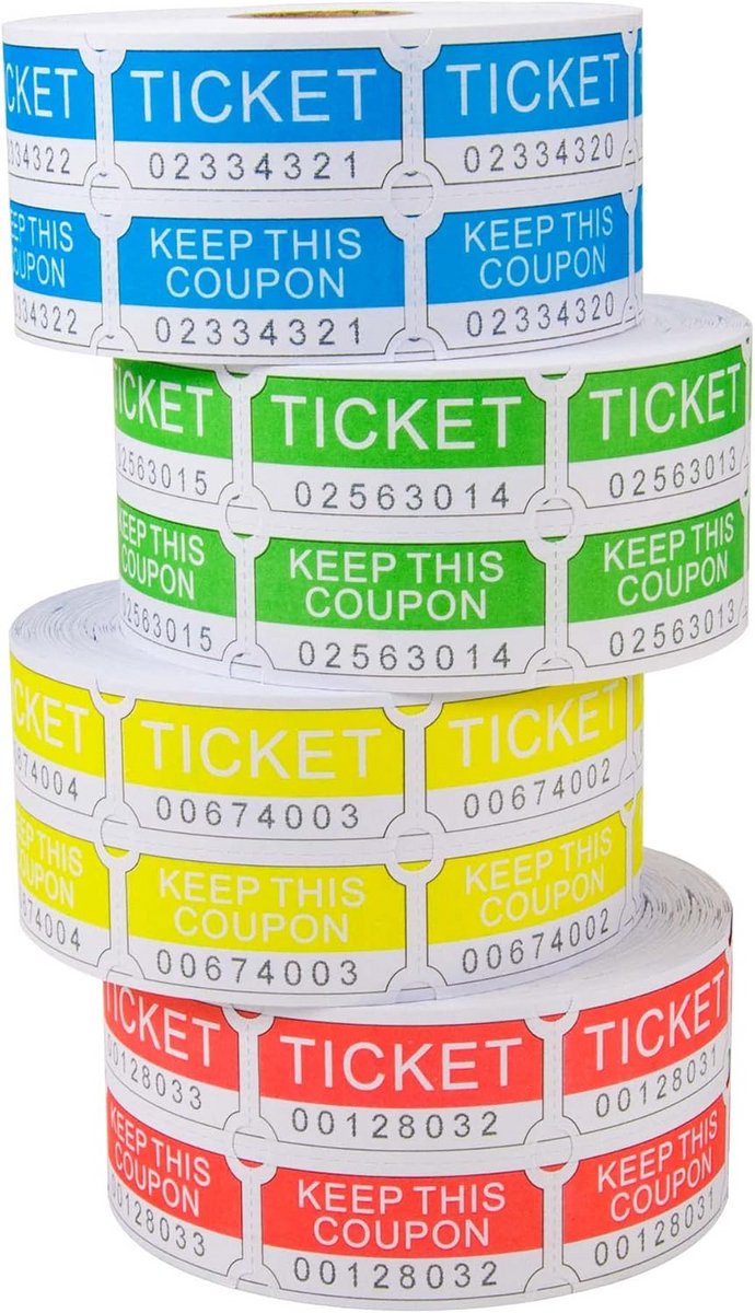 Set van 4000 Dubbele Loterijtickets in 4 Kleuren voor Evenementen en Trekkingen