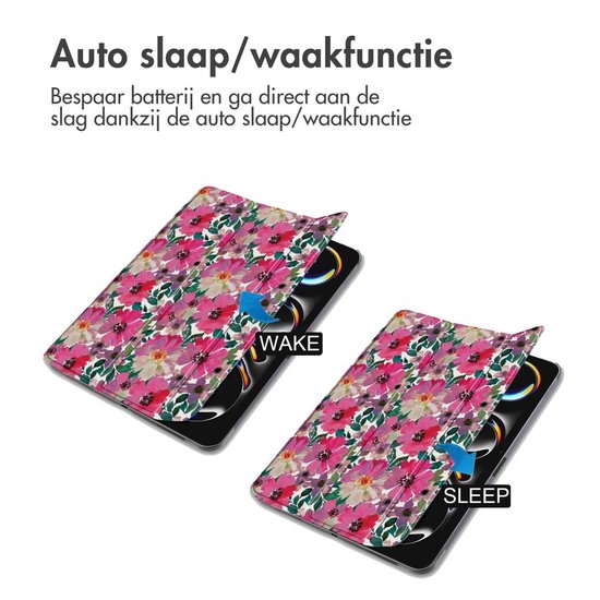 Tablet hoes met bloemenprint in roze en paars, met auto slaap/waakfunctie.