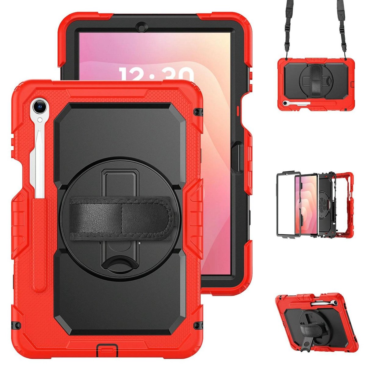 Mobigear Tablethoes geschikt voor Samsung Galaxy Tab S11 Hoes Hard Kunststof,Siliconen | Mobigear SureGrip XGuard Backcover + Stylus Houder + Schouderband | Schokbestendig Galaxy Tab S11 Telefoonhoesje | Anti Shock Proof + Standaard - Rood