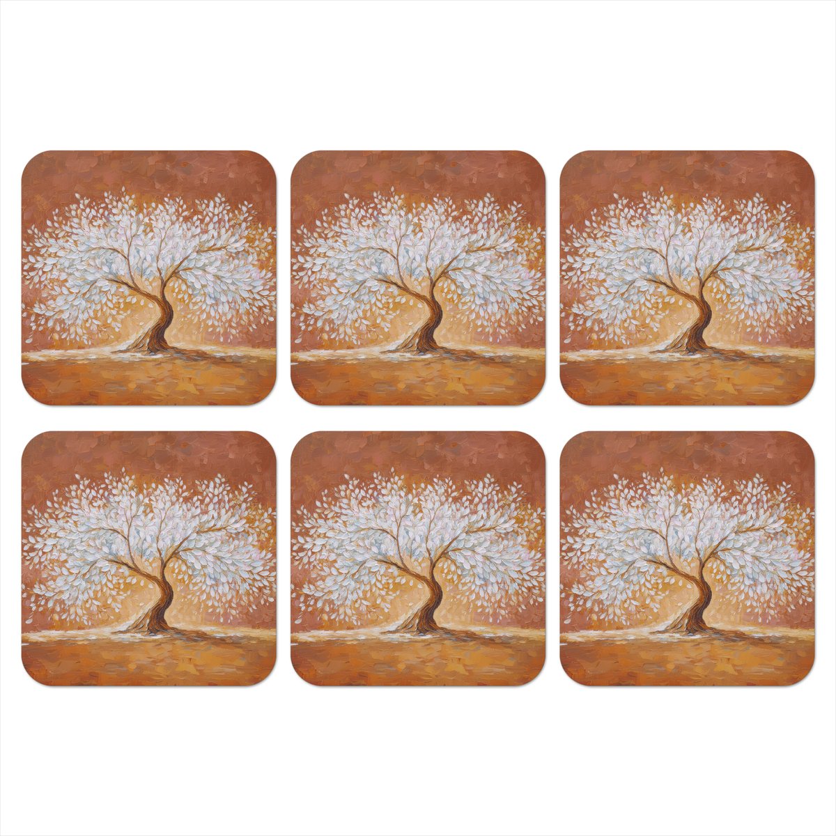 Onderzetters voor glazen - Abstract - Boom - Wit - Bladeren - 10x10 cm - Glasonderzetters - 6 stuks