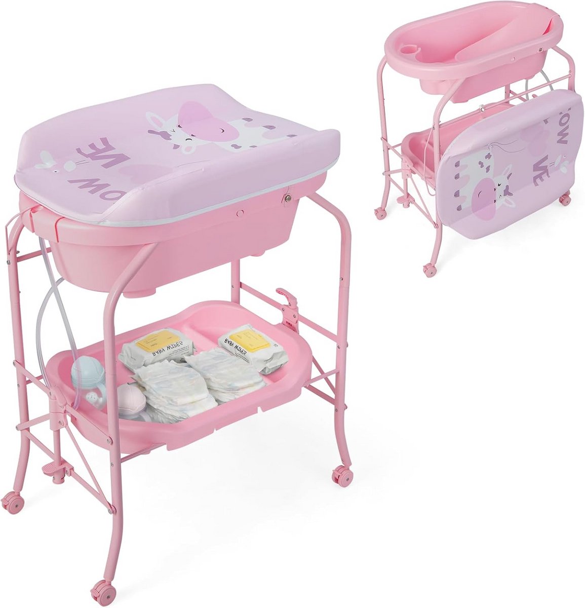 Verplaatsbare Commode en Babybad met Standaard en Opbergruimte