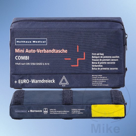 Zwarte stoffen tas met rode opdruk 'Holthaus Medical' en kruis, bevat 'Mini Auto-Verbandtas COMBI'. Eronder een smalle, donkere band met reflecterende details en 'Warnweste'.