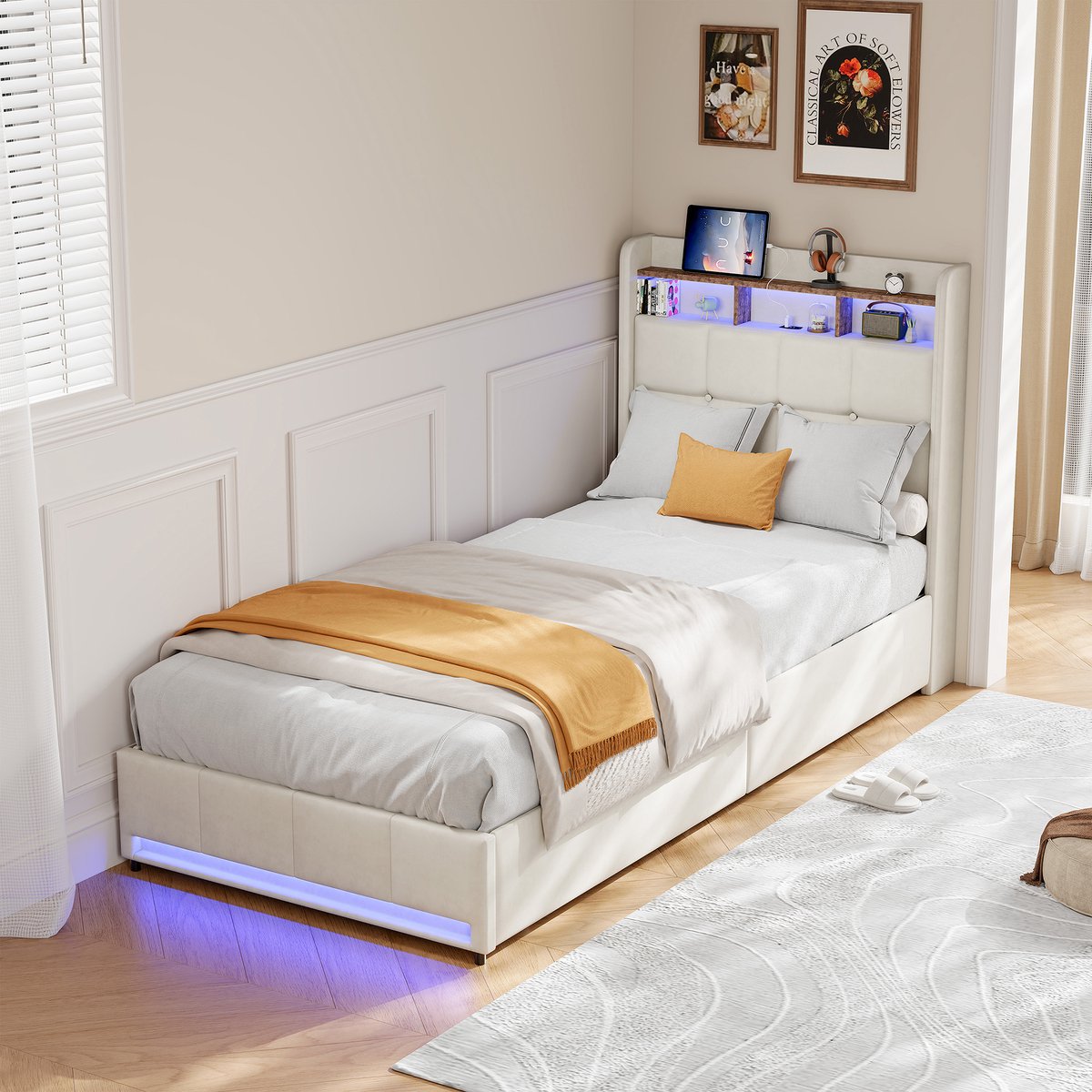 90 × 200 cm Linnen Bedframe met LED Verlichting en Opbergruimte – Hoofdbord met Open Vakken, USB & Type-C – Bed met Lades – Beige