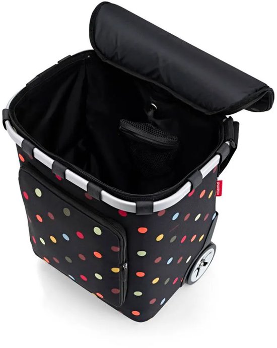 Open zwarte boodschappentrolley met veelkleurige stippen en zilverkleurige rand.