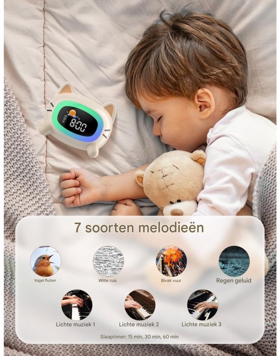 GELLDG Educatieve dag- en nachtwekker geschikt voor kinderen - Kinderwekker - Met nachtlampje, slaaphulpfunctie, dubbele alarmen en weekendmodus - Oplaadbaar - Slaaptrainingswekker - Geschikt voor jongens en meisjes - Kattenontwerp van GelldG — afbeelding 3