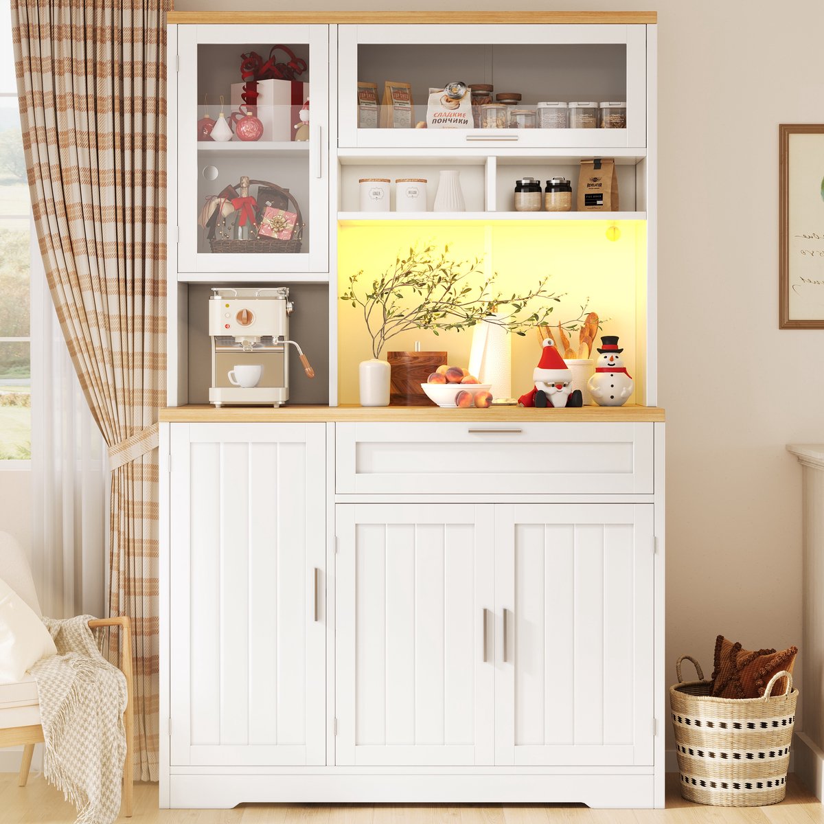 Sweiko Keukenkast - Dressoir - LED-verlichting - Met lades - Wit + Natuurlijke