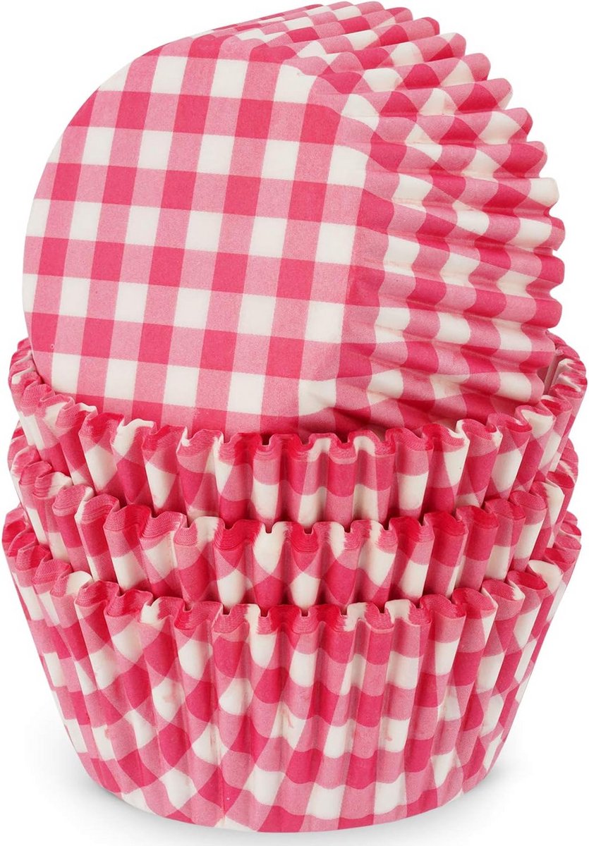 100 Papieren Muffin- en Cupcakevormpjes Roze-Wit Geruit voor Bakken