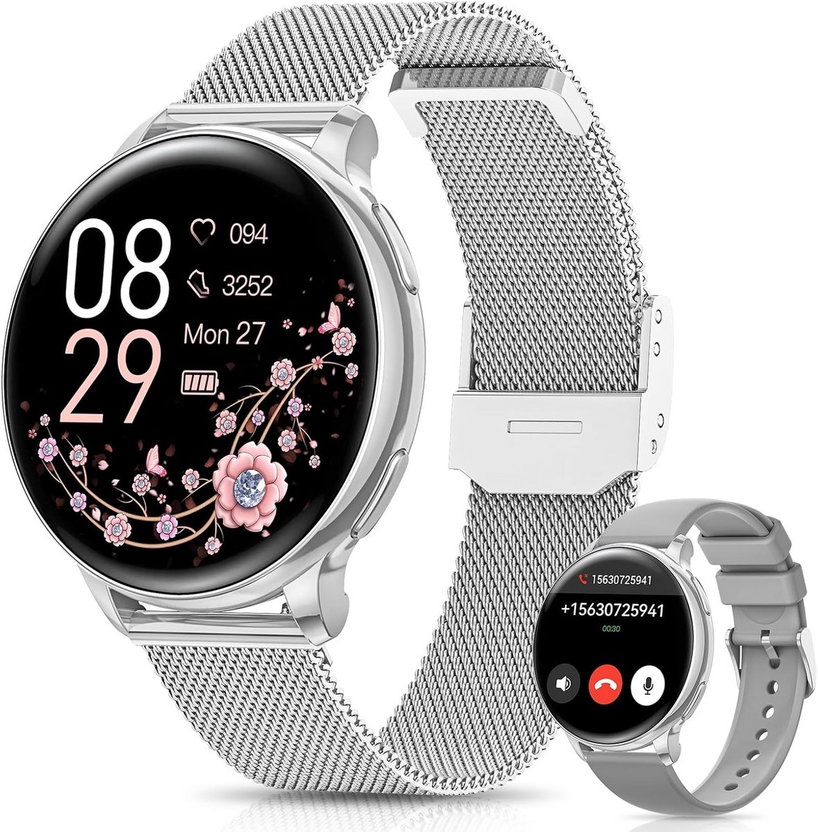Smartwatch voor dames met Bluetooth bellen, 1,27 inch display, hartslag SpO2 slaap, 120+ sportmodi, IP68 waterdicht