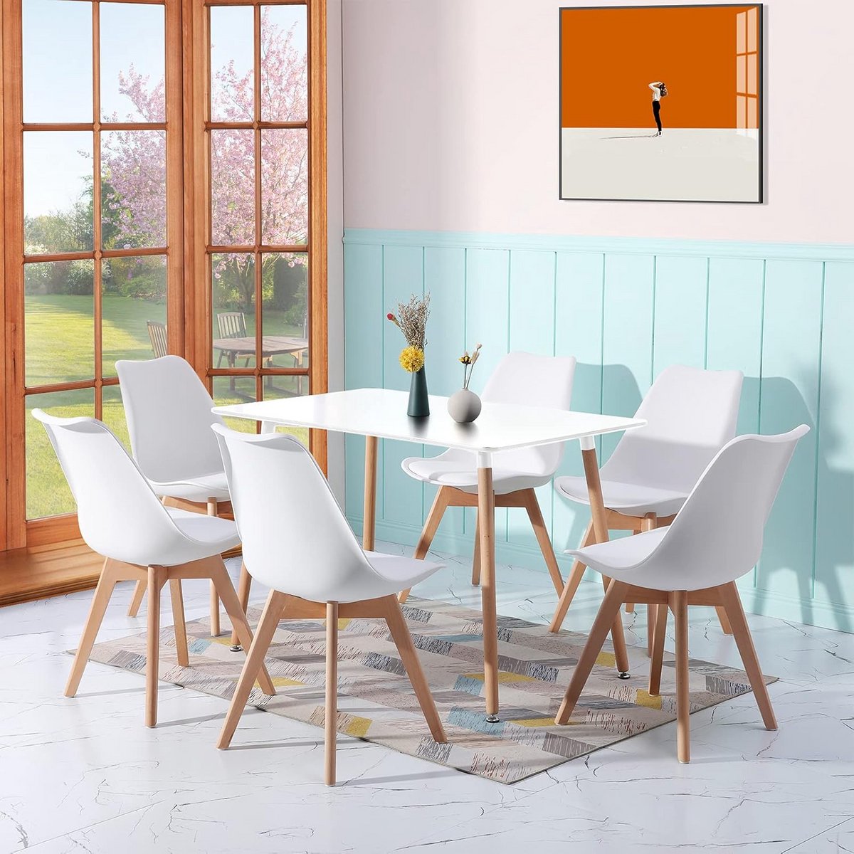 Eetkamer set met tafel 110 cm en 6 stoelen - witte rechthoekige eettafel voor eetkamer, keuken en woonkamer