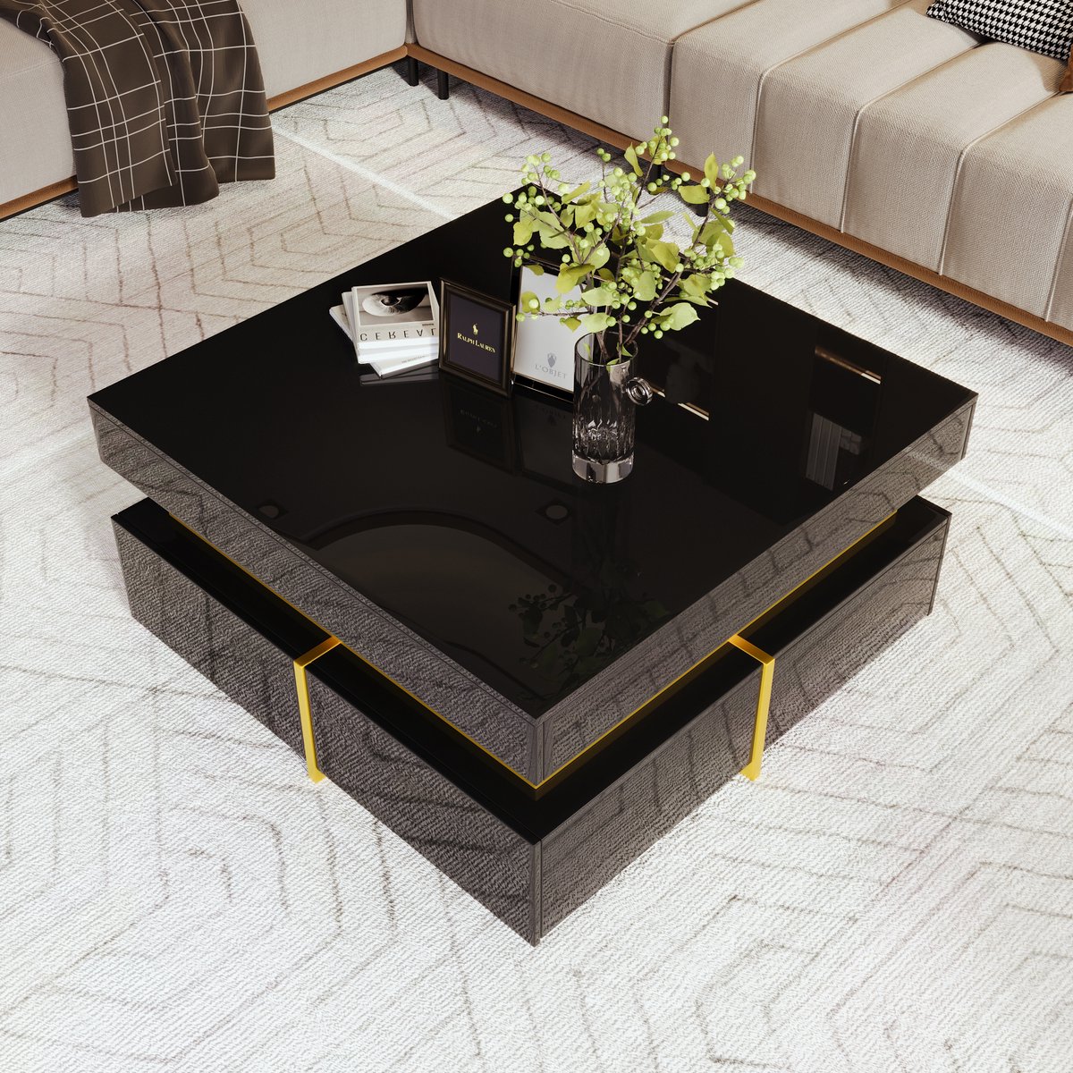 Wishdor Salontafel hoogglans zwart met gouden accenten, compact en functioneel met 2 ruime lades – 70×70×35,5 cm, spaanplaat