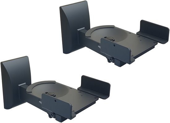 Deux supports muraux pour enceinte noirs sur fond blanc.