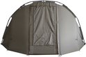 Bruine tent met gesloten voordeur en frame.