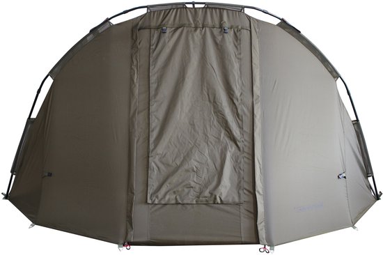 Bruine tent met gesloten voordeur en frame.
