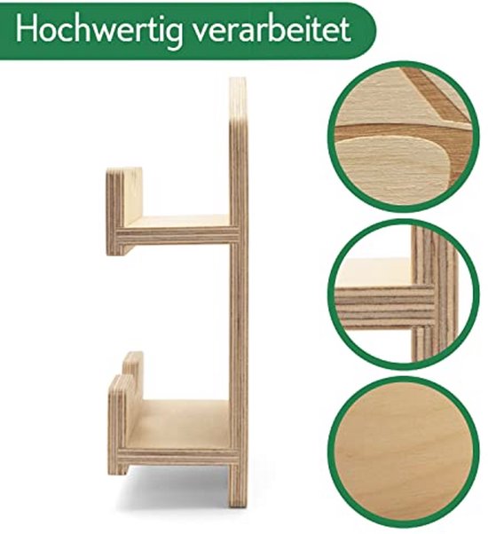 Zijaanzicht van de houten brillenhouder met gedetailleerde close-ups van de houtstructuur en laagjes.