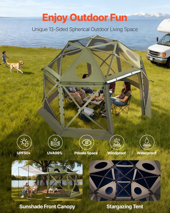 Pop-Up Gazebo Schermtent, 3.96 x 3.96 m, 13-Zijdige Dome Kampeer Canopy Met Losneembare Dak & Draagzak, Eenvoudige Opbouw & Insectbestendig, Buiten Zonnescherm voor 10-12 Personen, Groen van Merkloos — afbeelding 3