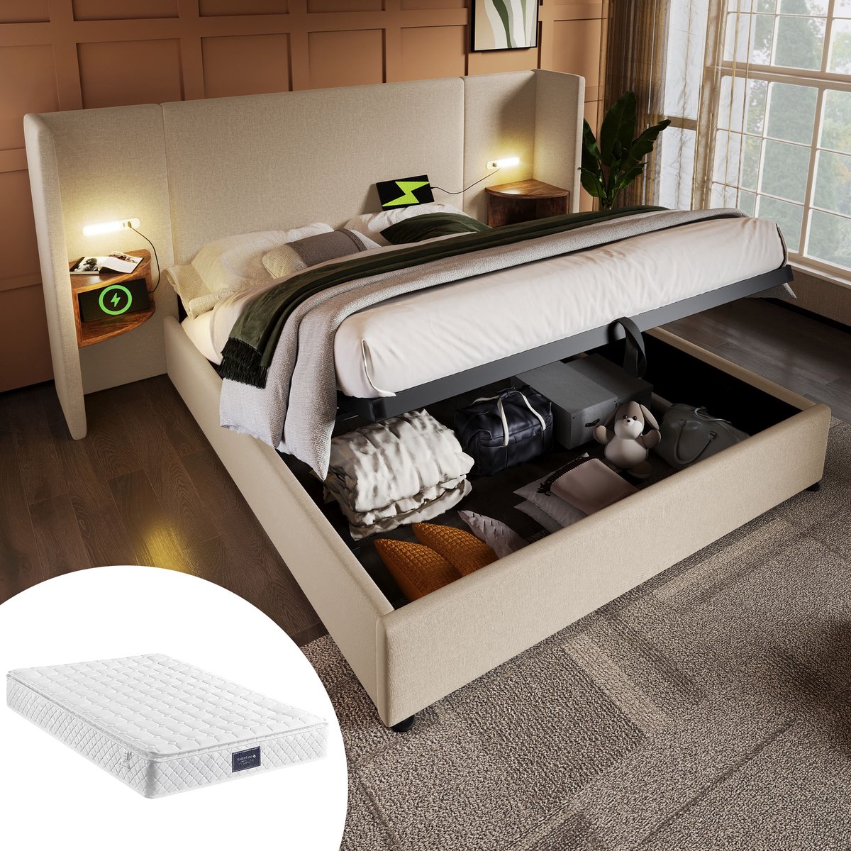 REDOM Stauraumbed 160x200 cm – Linnen beige – Met leeslamp, 2x USB, 2x Type-C & hydraulisc