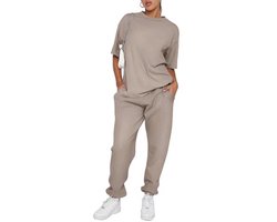 REORIA Dames katoenen loungekleding sets ronde hals trainingspak set korte mouw tops en lange mouw joggers tweedelige outfit Co Ord Sets