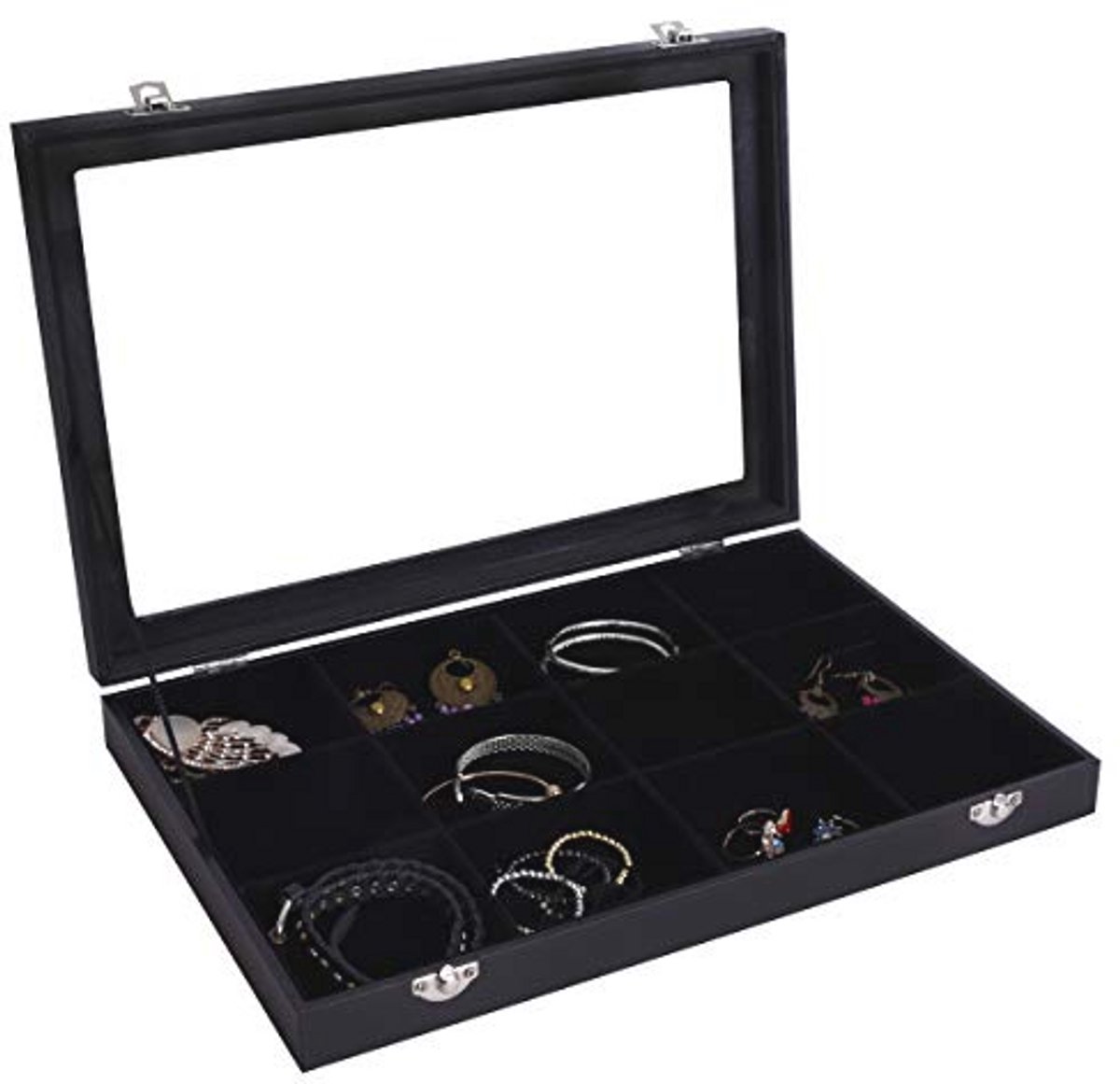 Velvet Clear Deksel Sieraden Doos 12 Grid Organizer - Zwart