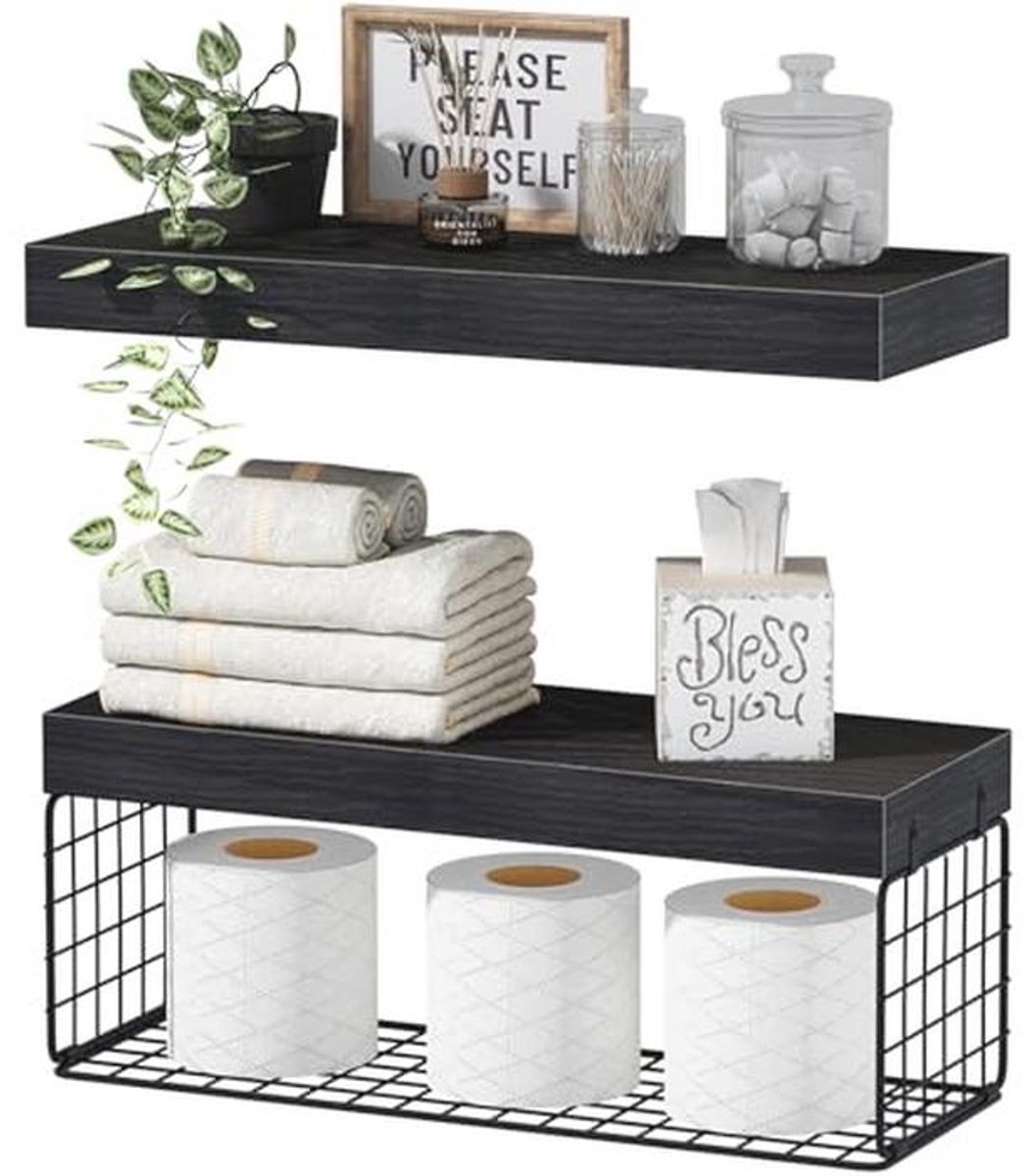 QEEIG Zwarte badkamerplanken boven toilet wandmontage zwevende planken boerderij plank toiletpapier opslag klein 40,6 cm set van 2 (019-B2)
