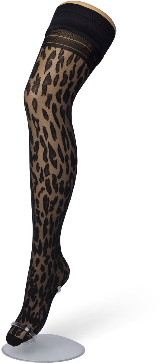 Bonnie Doon Dames Hold Up met Panterprint maat S/M Zwart - 30 Denier - Brede Band met Siliconen - Zakt niet af - Zelf Ophoudende Panty zonder Broekje - Siliconenrand - Blijven Perfect Plakken - Panty Kousen - Black - BP201701.101