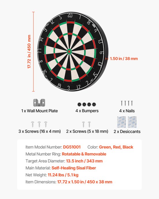 Hoogwaardig dartbord met zelfherstellende sisalvezel, nietjesvrije bullseye, bladdraadontwerp en draaibare cijferring, 450 mm dartbord voor speelkamers en home entertainment (darts niet inbegrepen) — afbeelding 2