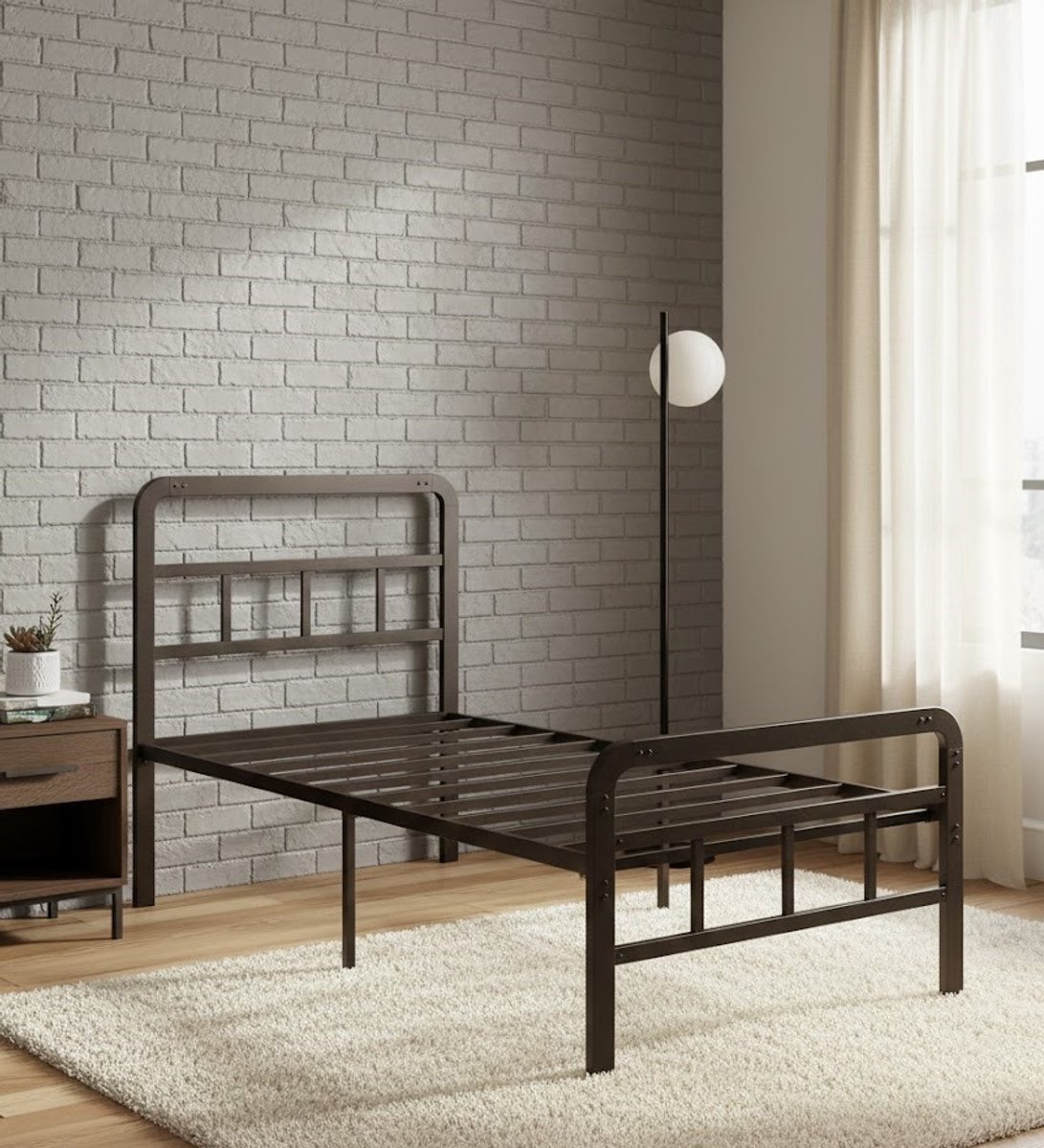 Moderne Zwart Metalen Eenpersoonsbed 90x200 cm met Lattenbodem – Stabiel & Geluidsvrij Platformbed met Opbergruimte – Eenvoudige Montage – Minimalistisch Design – Depauwwonen