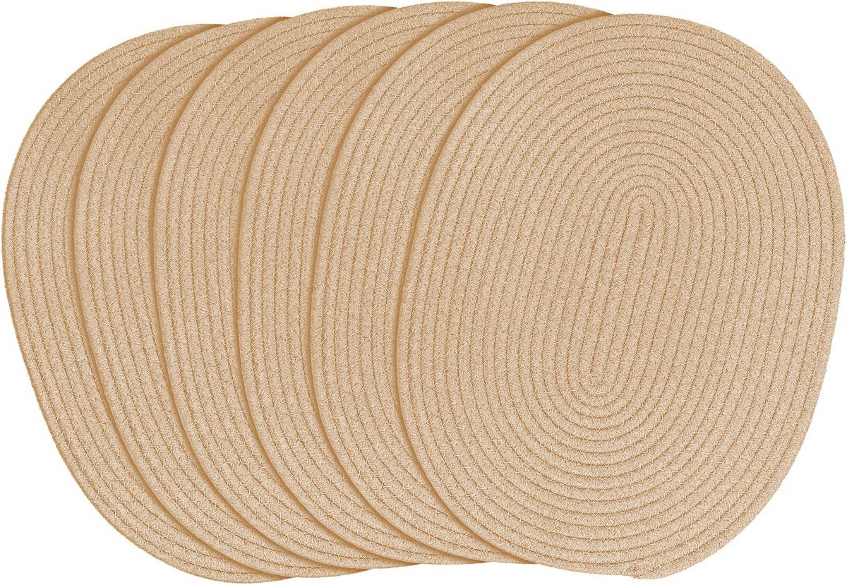 Set van 6 Ovale Geweven Placemats Lichtbruin Katoenen Touw 30x40 cm