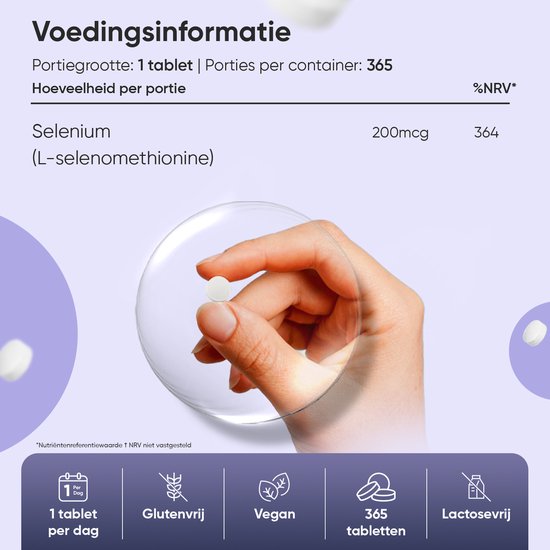 Hand houdt een witte seleniumpil vast, met voedingsinformatie en icoontjes.