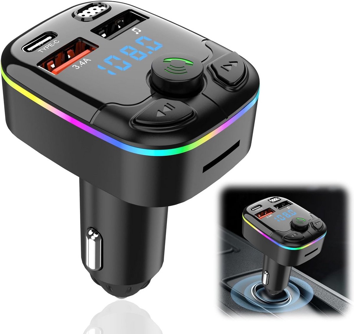 Bluetooth FM-Zender Auto Adapter met Snelladen Type-C en Handsfree Functie