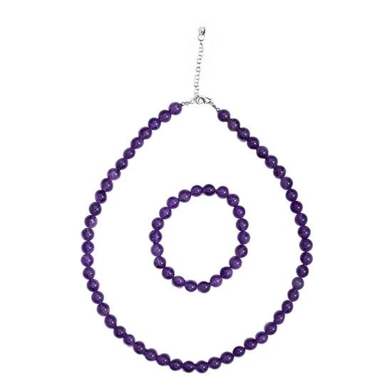 Cavill Zilveren Amethist Set - 925 Sterling Zilveren Armband en Ketting, Rondgeslepen Braziliaanse Paarse Amethist Sieraden