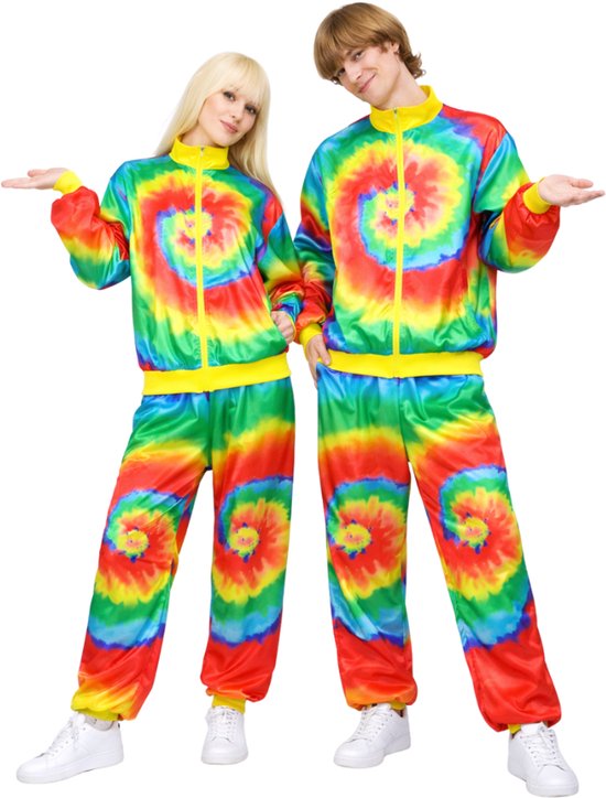 Joya Party® Tie Dye Retro Trainingspak Volwassenen | Carnavalskleding Dames & Heren | Verkleedkleren Man Vrouw | Jaren 80 & 90 Stijl | Unisex Oversized | Verkleedpak | Carnaval & Verkleedfeest | Foute Party | Regenboog Hippie Print | Maat XS/S