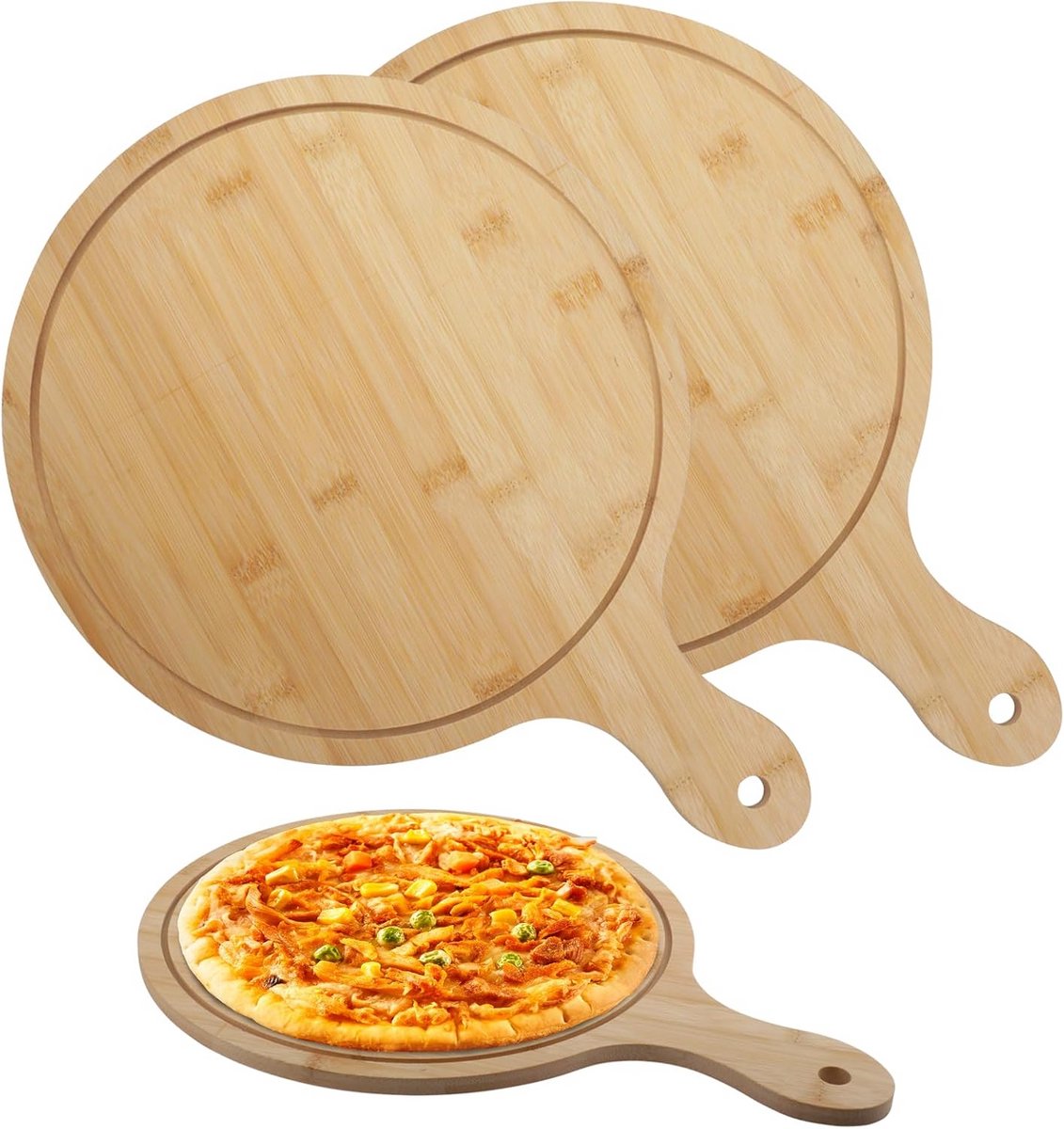 Set van 2 Bamboe Pizzaplanken Rond met Handvat - Serveer- en Snijplank 30 cm
