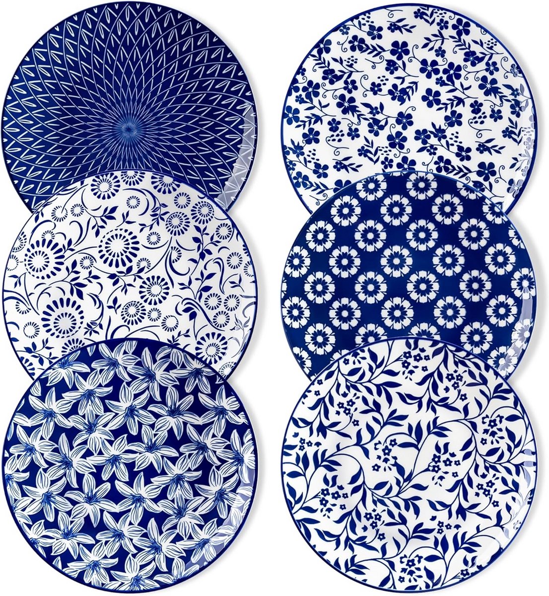 Set van 6 Porseleinen Saladeborden in Blauw en Wit - Duurzaam en Magnetronbestendig