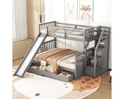 OKWISH Stapelbed 90x200/140x200cm - Hoog-Laag Bed Met Glijbaan en Trap - Met Schuifladen - Voor Kinderen - Vurenhout - Grijs - Zonder matras