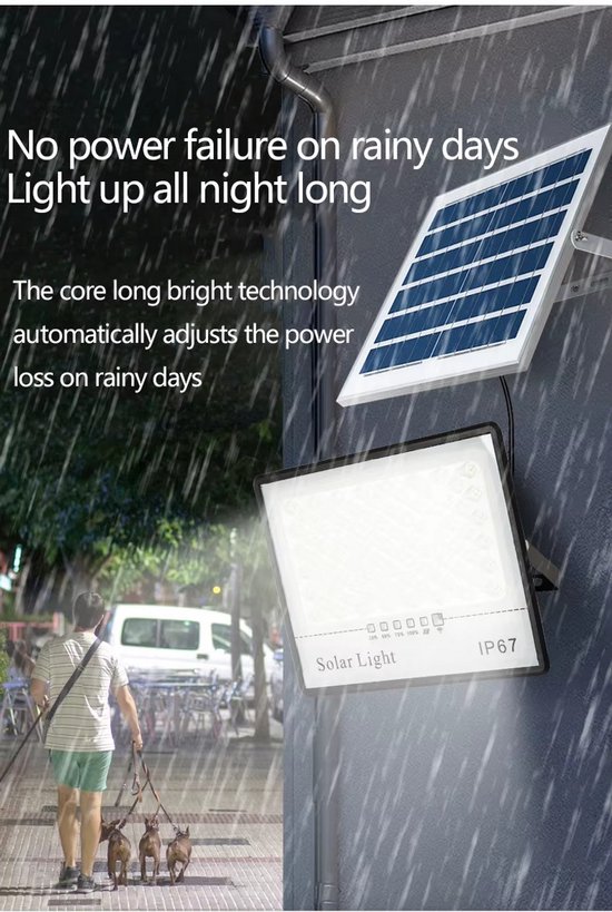 Solar schijnwerper met zonnepaneel, verlichtend in de regen, met tekst 'No power failure on rainy days'.