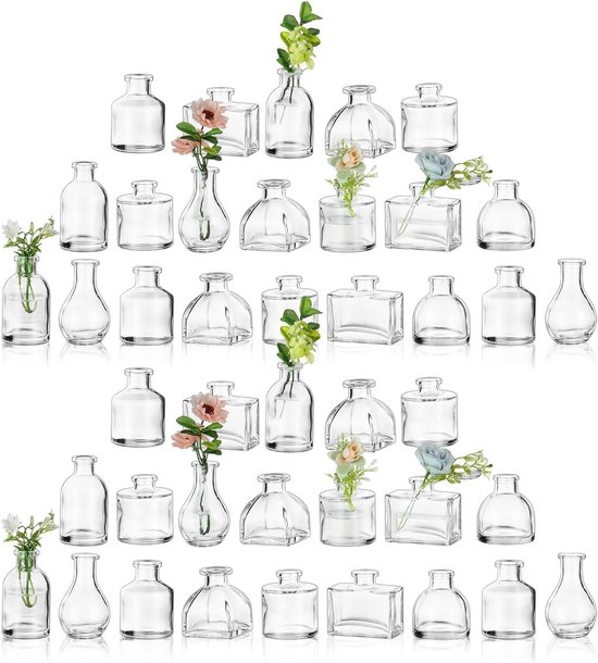 Tafeldecoratie - Glazen vaasjes - Bruiloft en interieur - 42 stuks - Bloemenvaasjes - Eettafel - Mini vaasjes - Geschikt voor diverse gelegenheden - Transparant - Set met kleine vaasjes voor decoratie.
