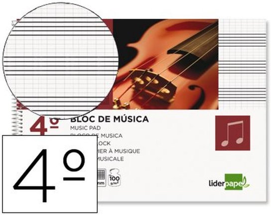 Muziekblok van Liderpap met vioolafbeelding en notenbalken, inclusief '4º' symbool en 100 g/m² papier.