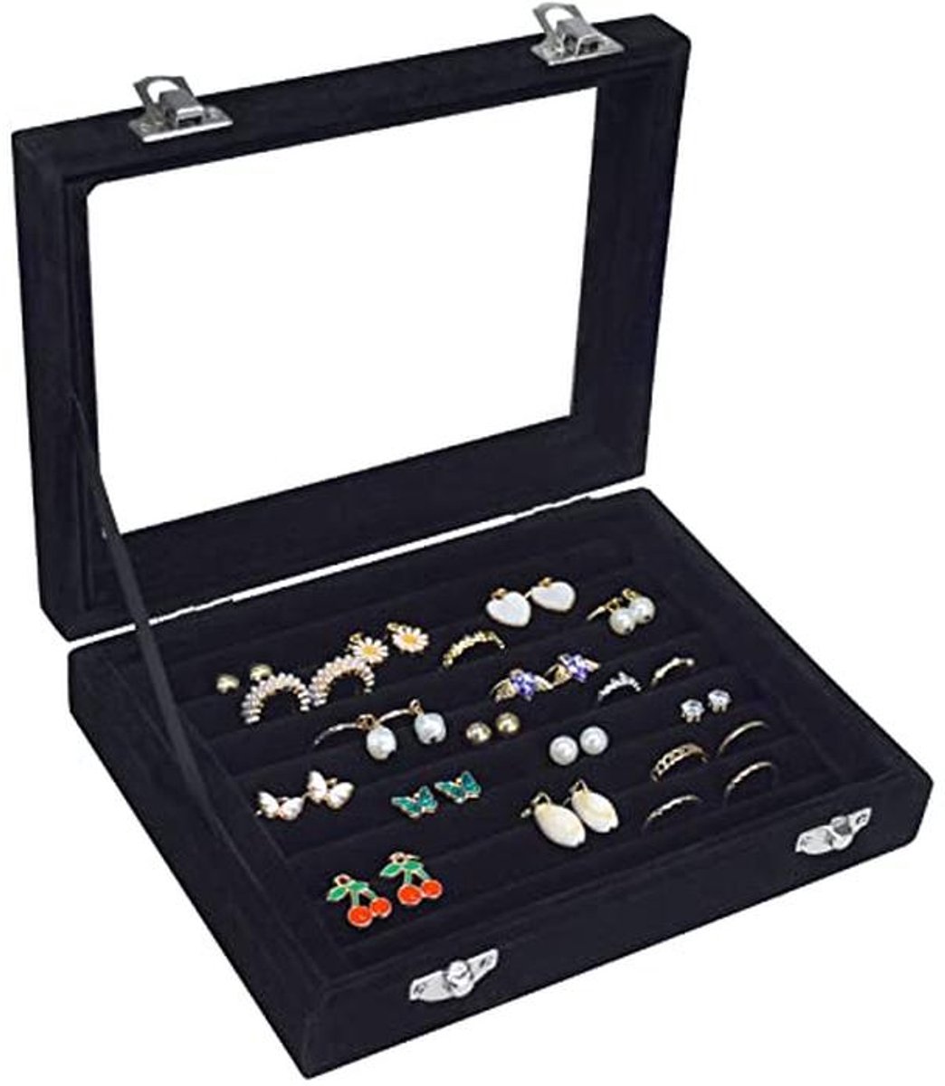 Organizer Tray voor Sieraden met 7 Slots – Fluwelen Oorbellen Opbergdoos met Transparant Deksel