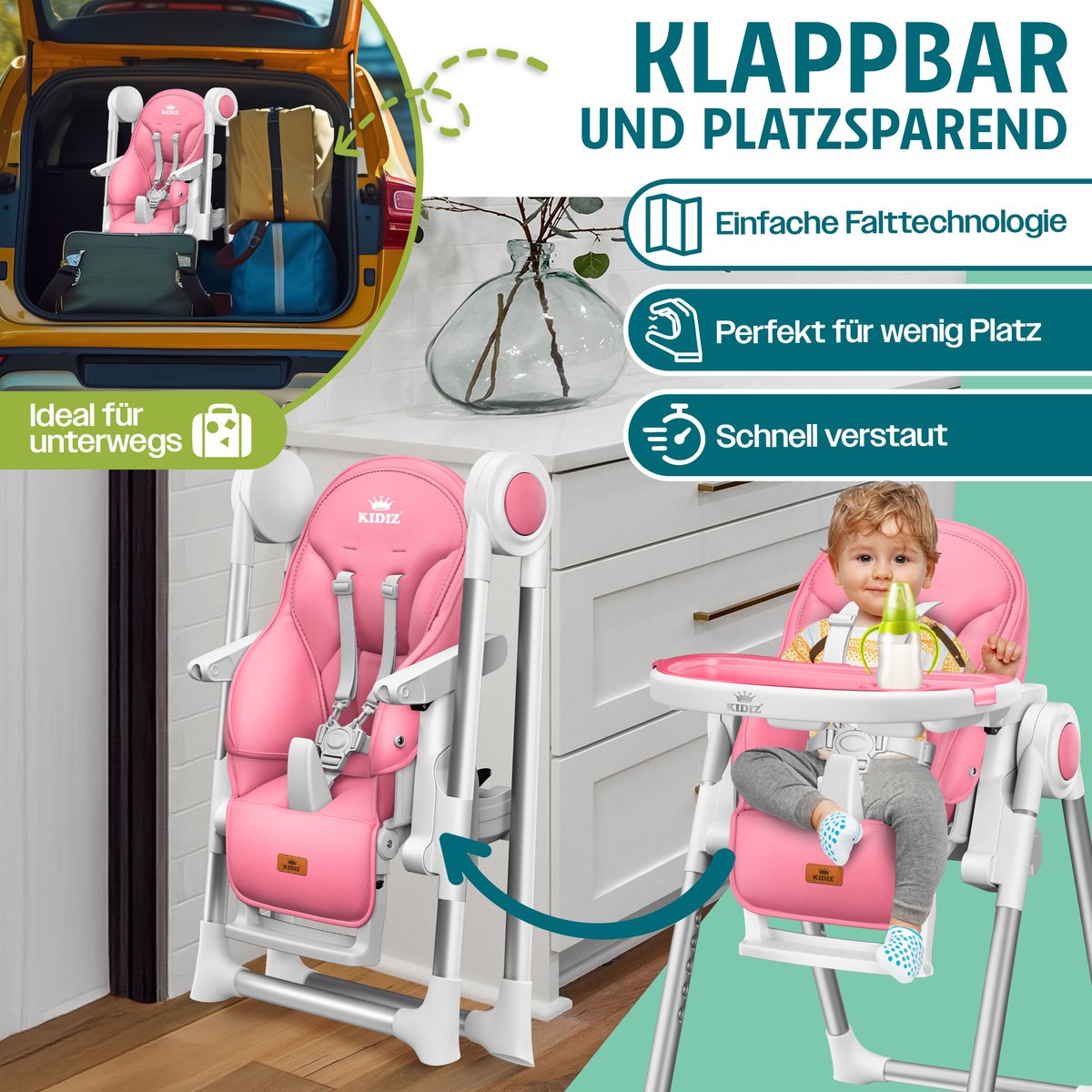 KIDIZ® 3in1 kinderstoel incl. speelbar, Eetstoel, Babystoel, combinatie kinderstoel, 7 in hoogte verstelbare rugleuning, meegroei van 0 maanden tot 6 jaar - Roze thumbnail 2
