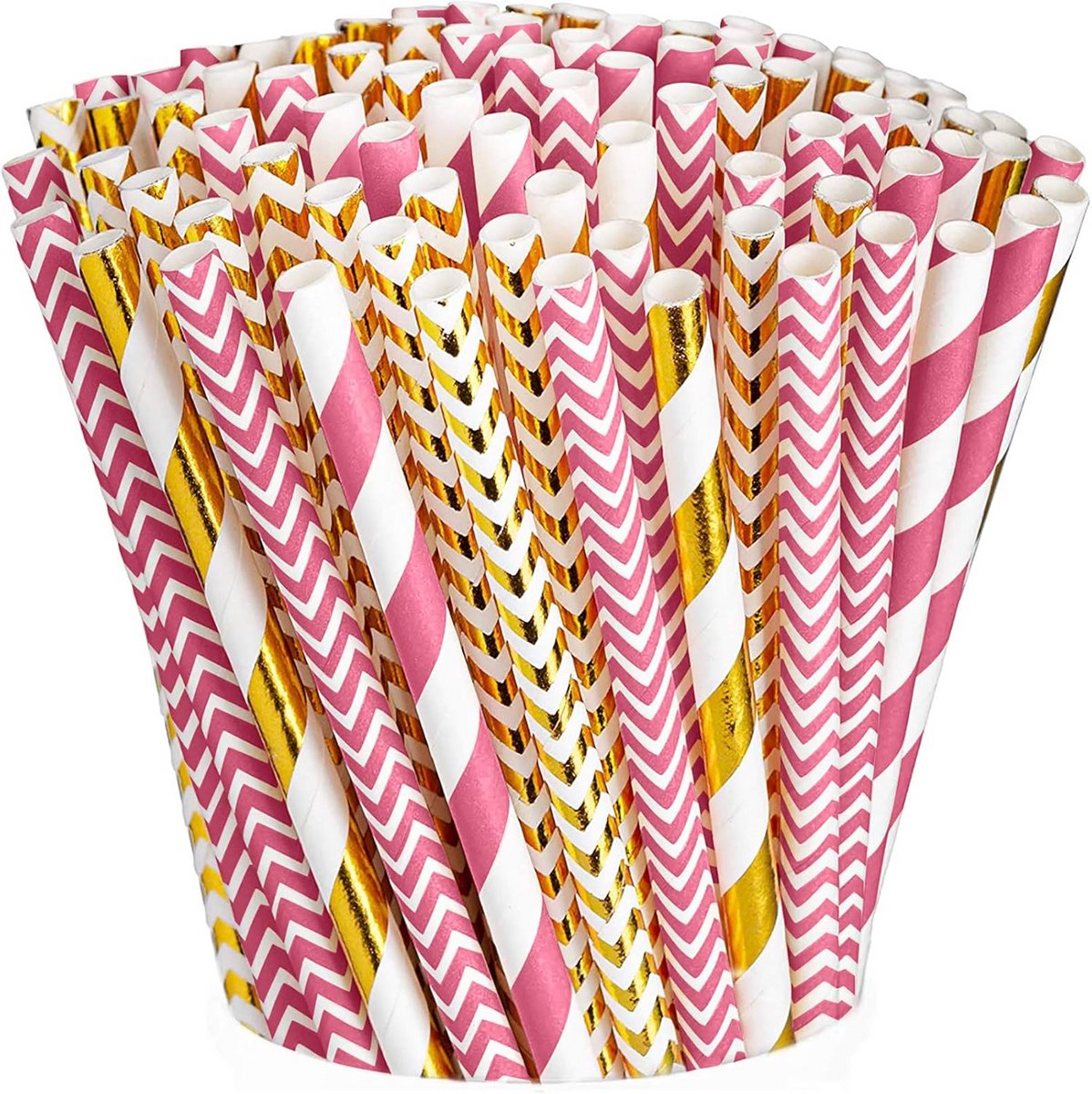 Biologisch Afbreekbare Papieren Drinkrietjes - 200 Stuks Roze en Goud Multi-Patroon