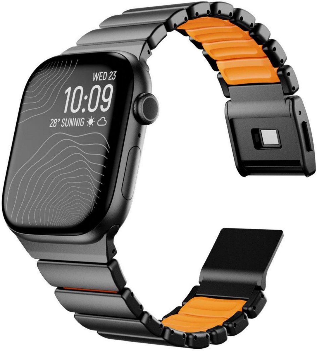 By Qubix - Premium Stainless Steel / Siliconen band - Zwart met oranje - Geschikt voor Apple Watch 44mm / 45mm / 46mm / 49mm (Ultra 1,2 en 3)